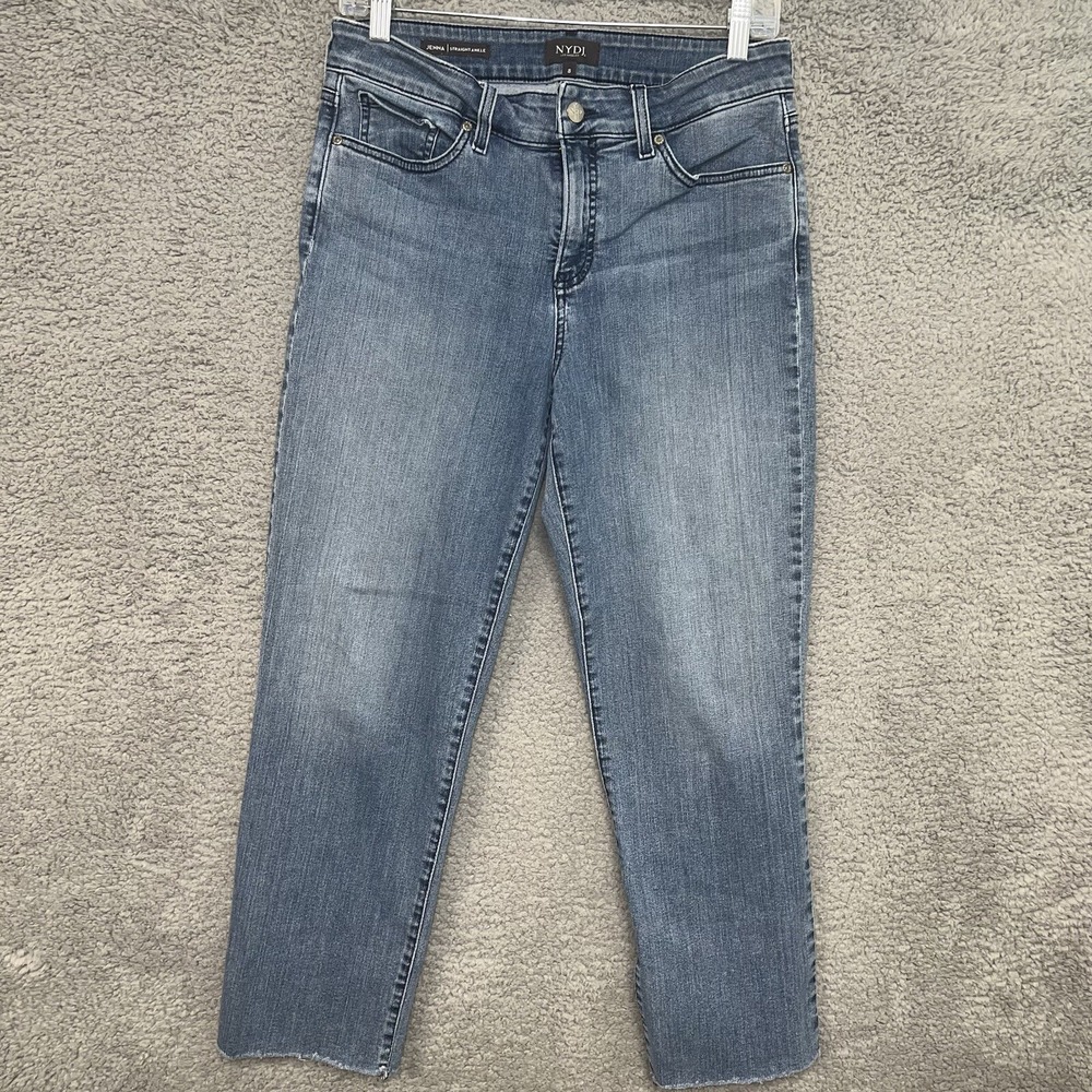 NYDJ Jeans Women Sz 9 Blue Denim Jenna Straight Ankle Lift Tuck Raw Hem High Ris